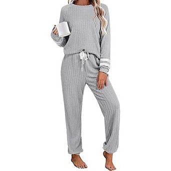 Ekouaer Lounge Sets Ribbed Knit Outfits Pajamas Sets Two Piece Long Sleeve Sweatsuits with Pockets