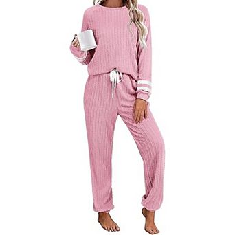 Ekouaer Lounge Sets Ribbed Knit Outfits Pajamas Sets Two Piece Long Sleeve Sweatsuits with Pockets
