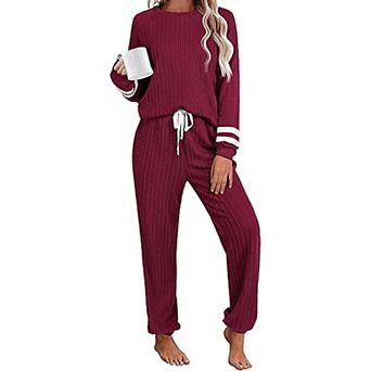 Ekouaer Lounge Sets Ribbed Knit Outfits Pajamas Sets Two Piece Long Sleeve Sweatsuits with Pockets