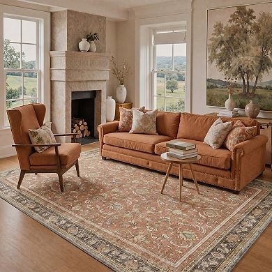 GENIMO Vintage Floral Scroll Border Machine Washable Low Pile Non Slip Soft Polyester Rug