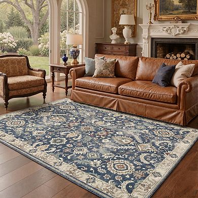 GENIMO Vintage Floral Medallion Border Machine Washable Low Pile Non Slip Soft Polyester Rug