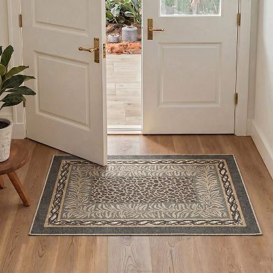 GENIMO Leopard Palm Leaf Border Machine Washable Low Pile Non Slip Soft Polyester Rug