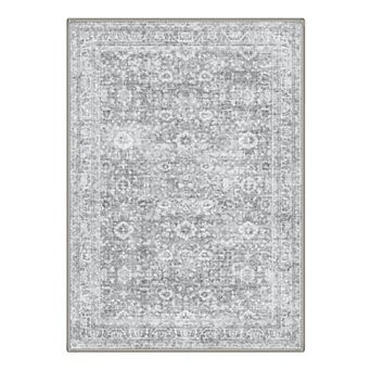 GENIMO Vintage Distressed Floral Border Machine Washable Low Pile Non Slip Soft Polyester Rug