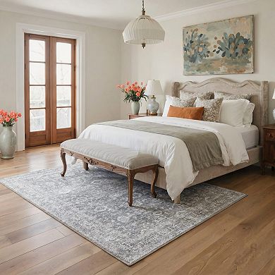 GENIMO Vintage Distressed Floral Border Machine Washable Low Pile Non Slip Soft Polyester Rug