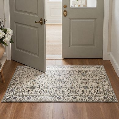 GENIMO Vintage Floral Scroll Border Machine Washable Low Pile Non Slip Soft Polyester Rug