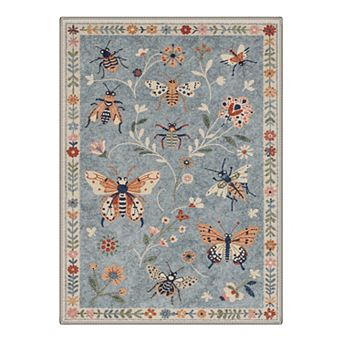 GENIMO Butterfly Insect Floral Border Machine Washable Low Pile Non Slip Soft Polyester Rug