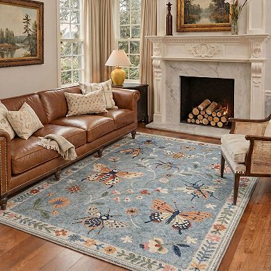 GENIMO Butterfly Insect Floral Border Machine Washable Low Pile Non Slip Soft Polyester Rug