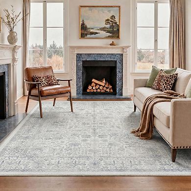 GENIMO Vintage Distressed Floral Border Machine Washable Low Pile Non Slip Soft Polyester Rug
