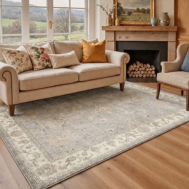 GENIMO Vintage Floral Scroll Border Machine Washable Low Pile Non Slip Soft Polyester Rug