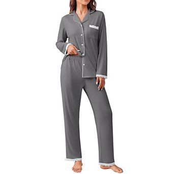 Ekouaer Womens Pajamas Set Long Sleeve Button Down Lounge Set Pieces Nightwear Lace Pajamas Set