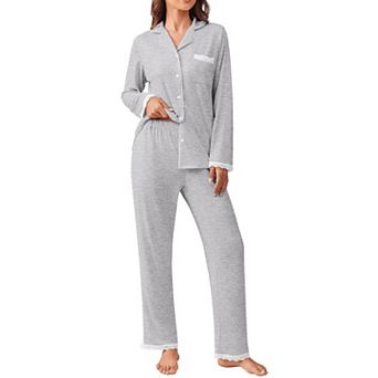 Ekouaer Womens Pajamas Set Long Sleeve Button Down Lounge Set Pieces Nightwear Lace Pajamas Set