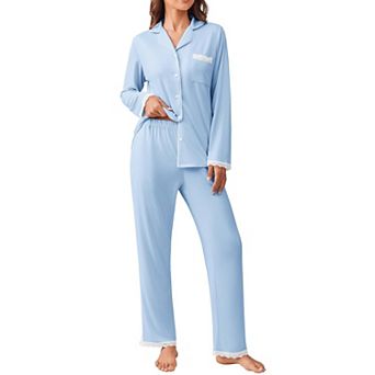 Ekouaer Womens Pajamas Set Long Sleeve Button Down Lounge Set Pieces Nightwear Lace Pajamas Set