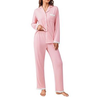 Ekouaer Womens Pajamas Set Long Sleeve Button Down Lounge Set Pieces Nightwear Lace Pajamas Set