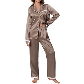 Ekouaer Satin Pajamas Silk Long Sleeve Sleepwear Button Down Loungewear Pieces Lace Pajamas Set