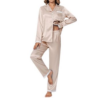 Ekouaer Satin Pajamas Silk Long Sleeve Sleepwear Button Down Loungewear Pieces Lace Pajamas Set