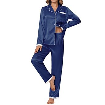 Ekouaer Satin Pajamas Silk Long Sleeve Sleepwear Button Down Loungewear Pieces Lace Pajamas Set