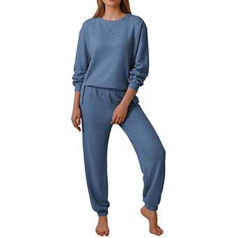 Ekouaer Waffle Knit Pajamas Sets for Womens Long Sleeve Lounge Set Pieces Outfits Top and Pants