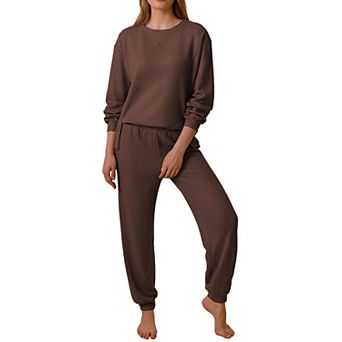 Ekouaer Waffle Knit Pajamas Sets for Womens Long Sleeve Lounge Set Pieces Outfits Top and Pants