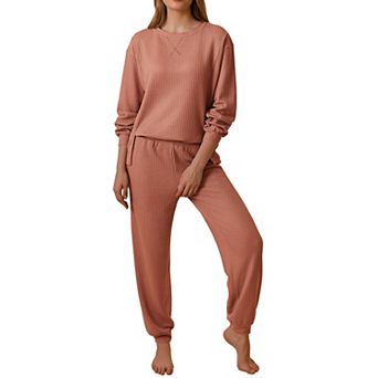 Ekouaer Waffle Knit Pajamas Sets for Womens Long Sleeve Lounge Set Pieces Outfits Top and Pants