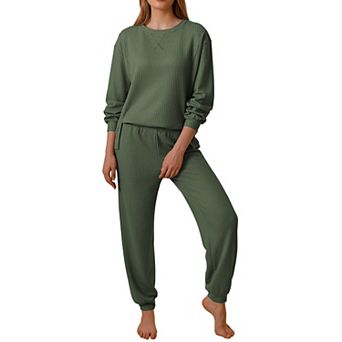 Ekouaer Waffle Knit Pajamas Sets for Womens Long Sleeve Lounge Set Pieces Outfits Top and Pants