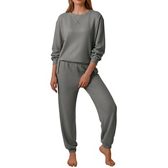 Ekouaer Waffle Knit Pajamas Sets for Womens Long Sleeve Lounge Set Pieces Outfits Top and Pants