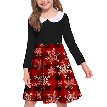 Arshiner Girls Long Sleeve Dress Casual Vintage Peter Pan Collar Swing Party Dress