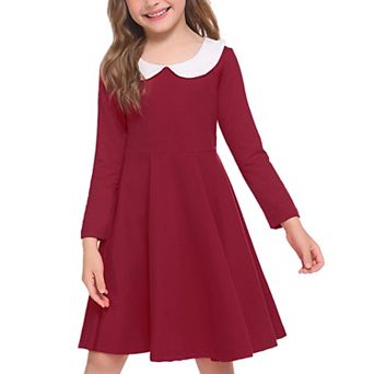 Arshiner Girls Long Sleeve Dress Casual Vintage Peter Pan Collar Swing Party Dress