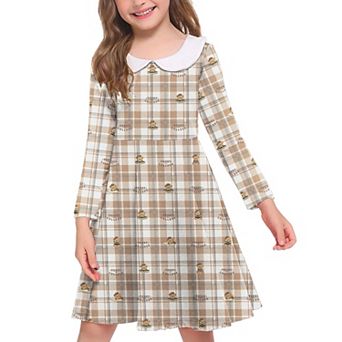 Arshiner Girls Long Sleeve Dress Casual Vintage Peter Pan Collar Swing Party Dress