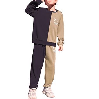 Arshiner Boys Cartoon Face Print Two Tone Sweatshirt And Pants Outfit Set Toddler To Little Kids
