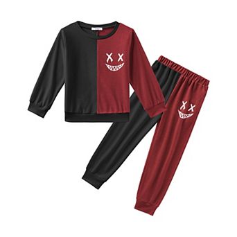 Arshiner Boys Cartoon Face Print Two Tone Sweatshirt And Pants Outfit Set Toddler To Little Kids