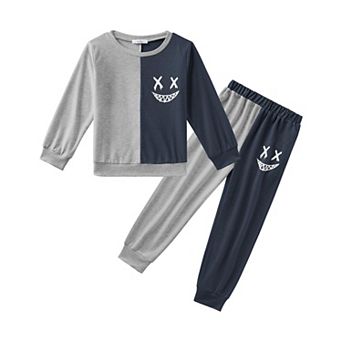 Arshiner Boys Cartoon Face Print Two Tone Sweatshirt And Pants Outfit Set Toddler To Little Kids
