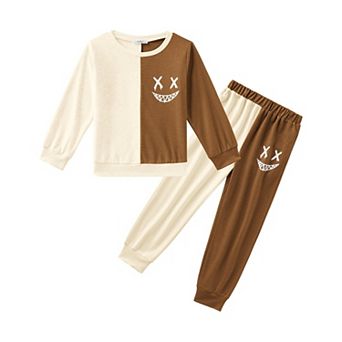 Arshiner Boys Cartoon Face Print Two Tone Sweatshirt And Pants Outfit Set Toddler To Little Kids