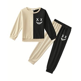 Arshiner Boys Cartoon Face Print Two Tone Sweatshirt And Pants Outfit Set Toddler To Little Kids