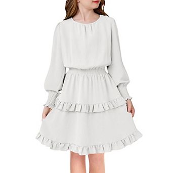 Arshiner Girls Long Sleeve Dress Boho Tiered Ruffle Hem Elegant Smocked Waist Midi Dress