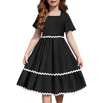 Arshiner Girls Summer Dress Flutter Ric Rac Tiered Short Sleeve Square Neck Casual Midi Dresses
