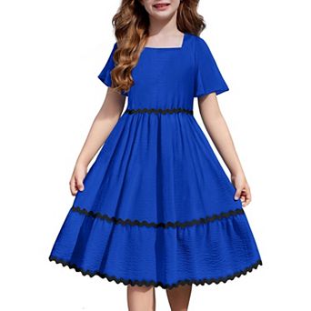 Arshiner Girls Summer Dress Flutter Ric Rac Tiered Short Sleeve Square Neck Casual Midi Dresses