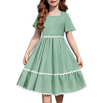 Arshiner Girls Summer Dress Flutter Ric Rac Tiered Short Sleeve Square Neck Casual Midi Dresses