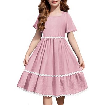 Arshiner Girls Summer Dress Flutter Ric Rac Tiered Short Sleeve Square Neck Casual Midi Dresses
