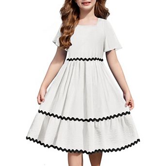 Arshiner Girls Summer Dress Flutter Ric Rac Tiered Short Sleeve Square Neck Casual Midi Dresses