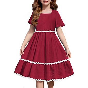 Arshiner Girls Summer Dress Flutter Ric Rac Tiered Short Sleeve Square Neck Casual Midi Dresses