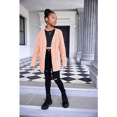 Arshiner Girls Long Sleeve Solid Chunky Open Front Cardigan Coat with Pockets