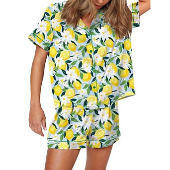 Sheshow Womens Pajamas Set Lemon Print Button Down Short Sleeve and Shorts 2 pc Loungewear Sets