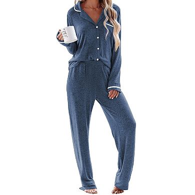 Ekouaer Womens Pajama Sets Long Sleeve Button Down Two Piece Pajamas Notch Collar Sleepwear
