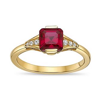 Gemminded 18k Gold Over Sterling Silver Asscher Cut Lab-Created Ruby & Round Lab-Created White Sapphire Ring