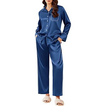 Ekouaer Silk Pajamas Satin Pajama Sets Button Down Lounge Sets Silky Pajama Long Pants Sleepwear