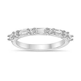 Gemminded Sterling Silver Lab-Created White Sapphire Baguette & Round Prong Set Ring