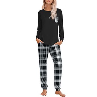 Ekouaer Womens Pajamas Set Jogger Lounge Sets Soft Pajamas Long Sleeve Plaid Long Pant with Pockets
