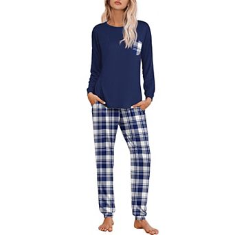 Ekouaer Womens Pajamas Set Jogger Lounge Sets Soft Pajamas Long Sleeve Plaid Long Pant with Pockets