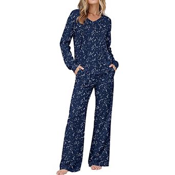 Ekouaer Womens Pajama Set Long Sleeve Sleepwear Nightwear V Neck Pajamas Lounge Sets with Pockets