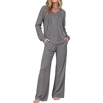 Ekouaer Womens Pajama Set Long Sleeve Sleepwear Nightwear V Neck Pajamas Lounge Sets with Pockets